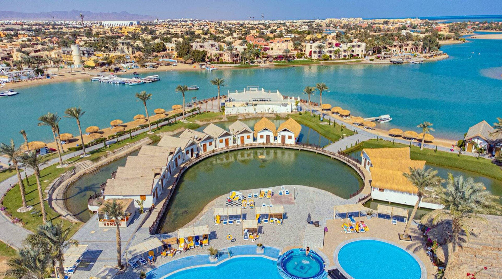 Panorama Bungalows lagoon bungalows and pools seen from above