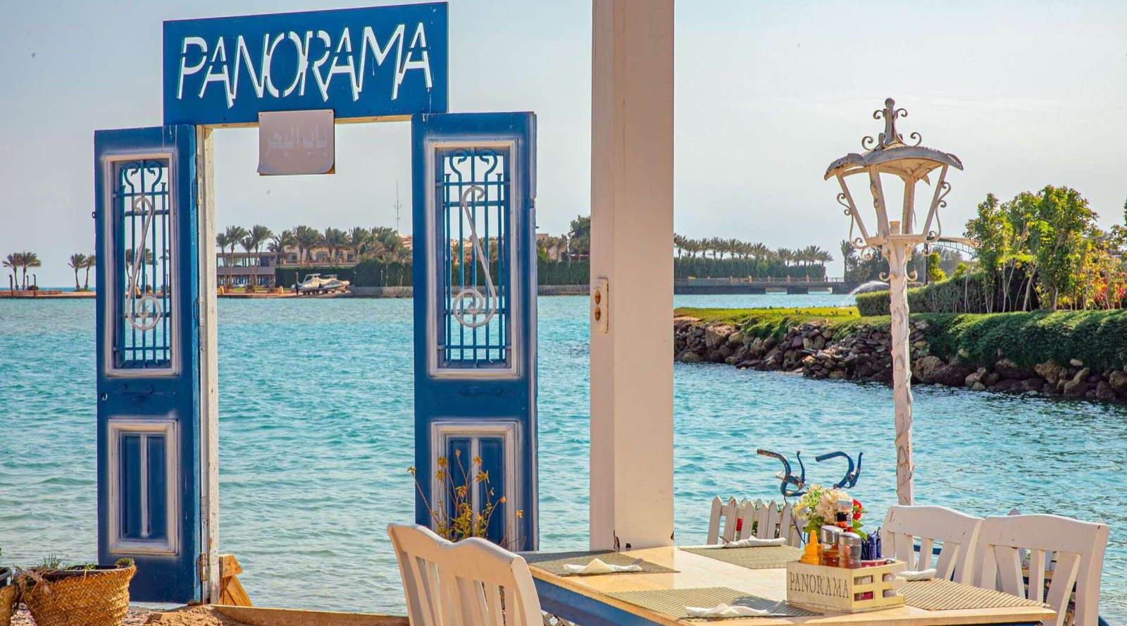 Panorama beach restaurant gate on the lagoon