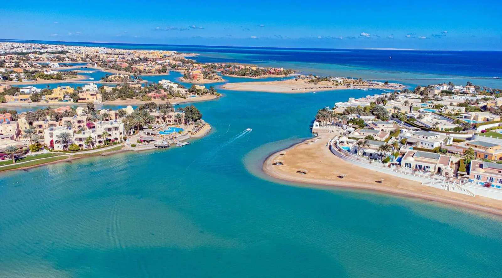 Aerial of El Gouna lagoons at golden hour