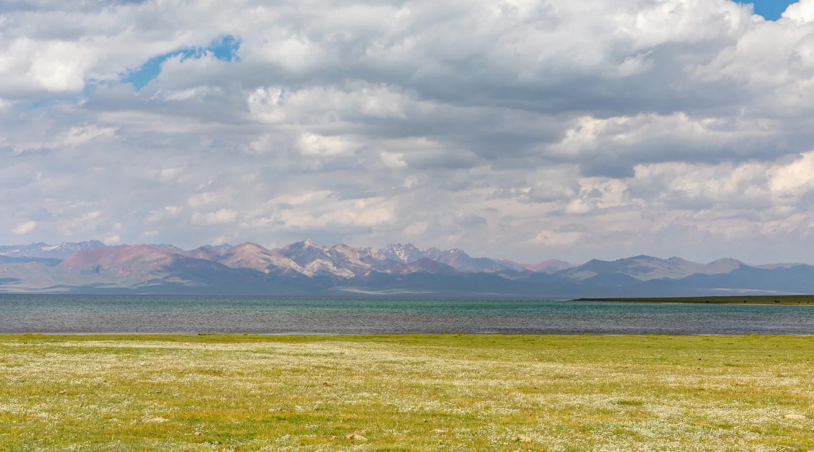 Yurt camp on the shores of Song-Kul lake at dusk